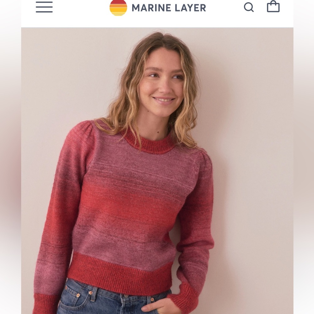 NEW❤️Marine Layer Women's Ayla Puff Sleeve Crewneck Sweater Red Pink Warm Ombre